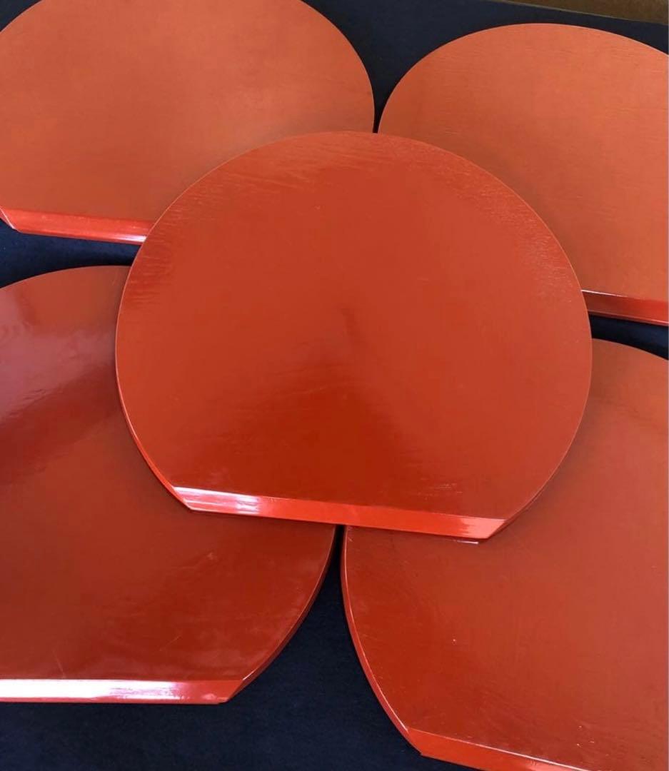 《R》根来塗 半月盆5客 膳 木製漆器 懐石 元箱　250820G1