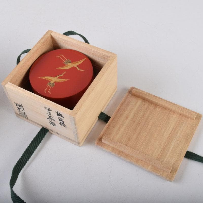 茶道具　中村湖彩作　鶴蒔絵　黒赤茶器　共箱　V　8582