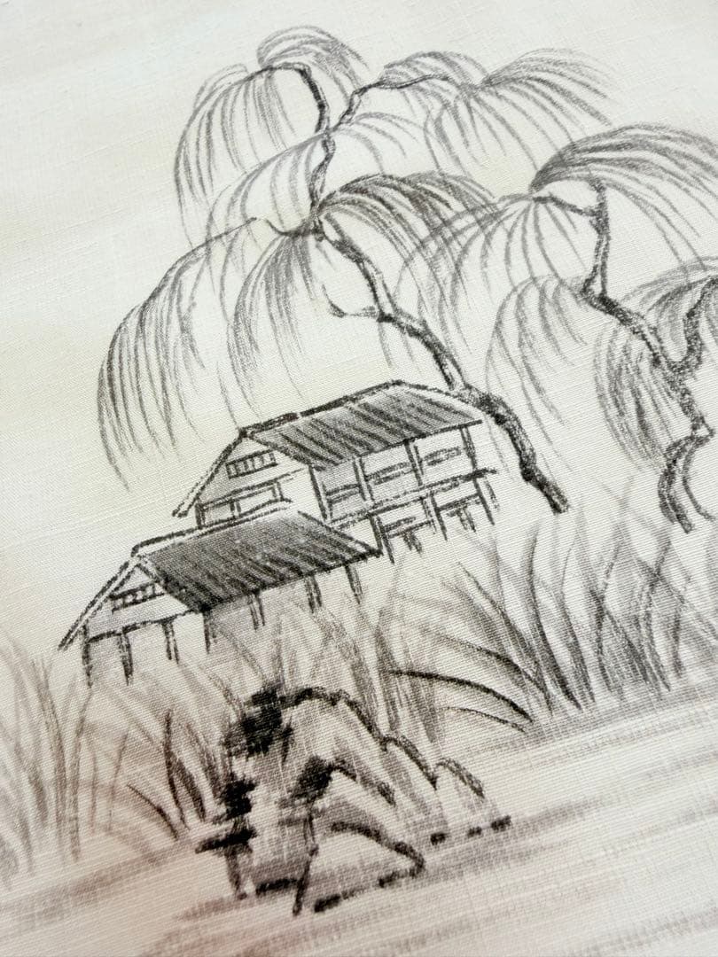 高級 訪問着 生紬 大和紬 ホワイト 水墨画 家屋 フォーマル