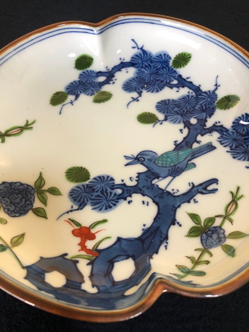 《レ》有田焼 源右衛門作 染錦松花鳥 木瓜 銘々皿5客 251127お1