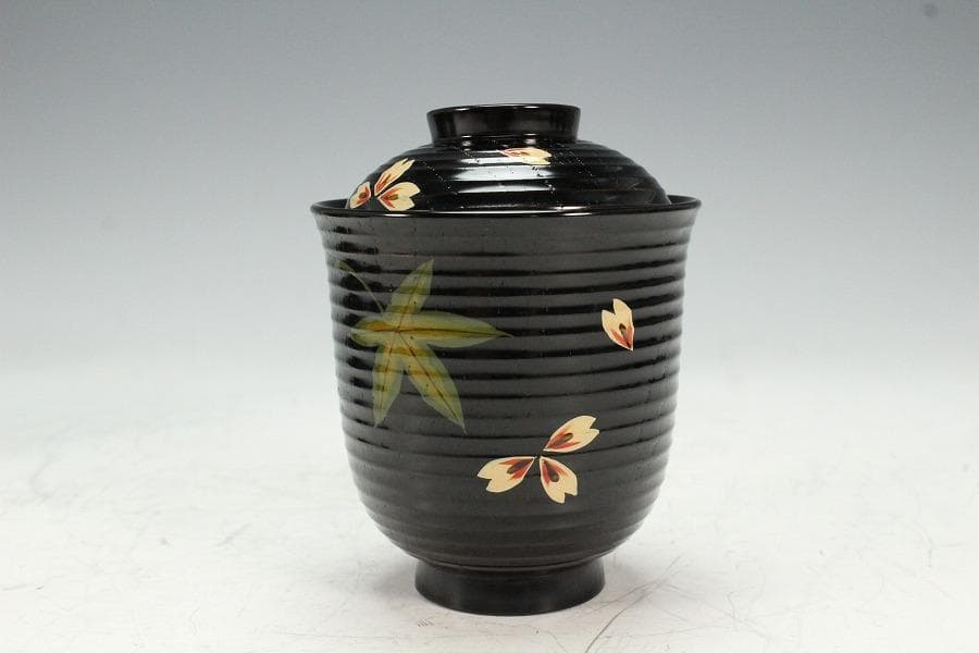 塗師 表次造 色絵雲錦 黒小吸物椀 十客 共箱 美品(K-XA874)