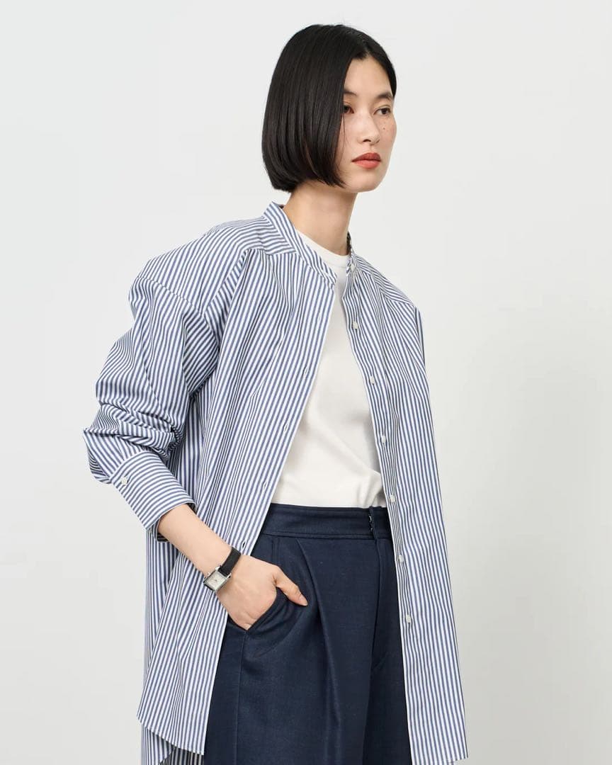 ソージュ ストライプ バンドカラー ロングシャツ ブルー ホワイト ゆったり