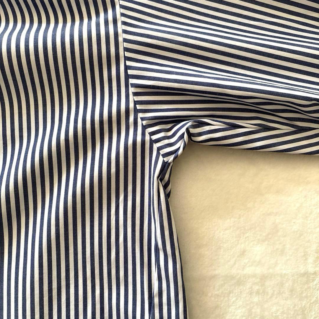 ソージュ ストライプ バンドカラー ロングシャツ ブルー ホワイト ゆったり