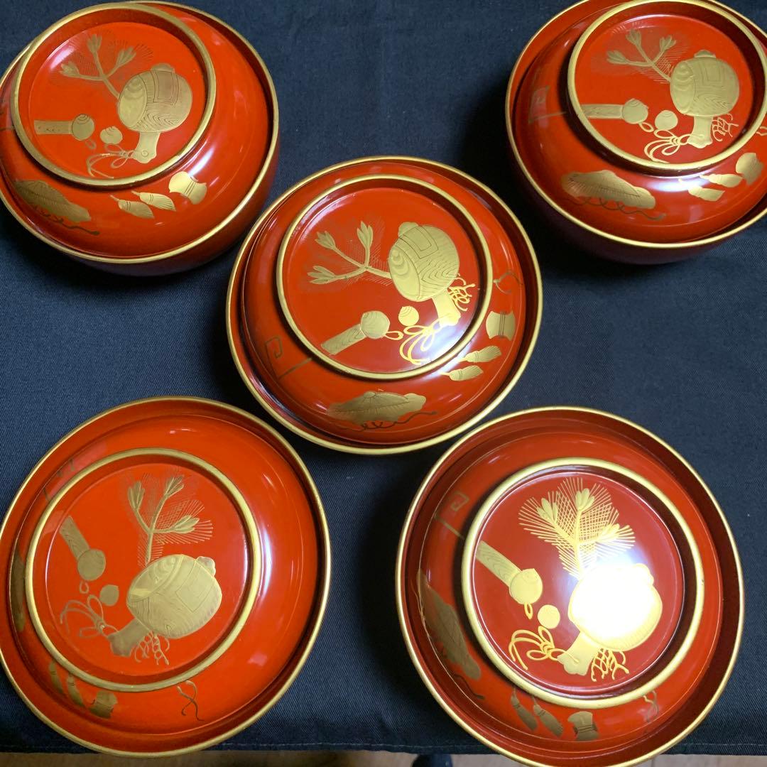 蓋向　木製手描き金彩絵　布袋様・打ち出の小槌　盛金蒔絵　向付け　煮物椀　5客