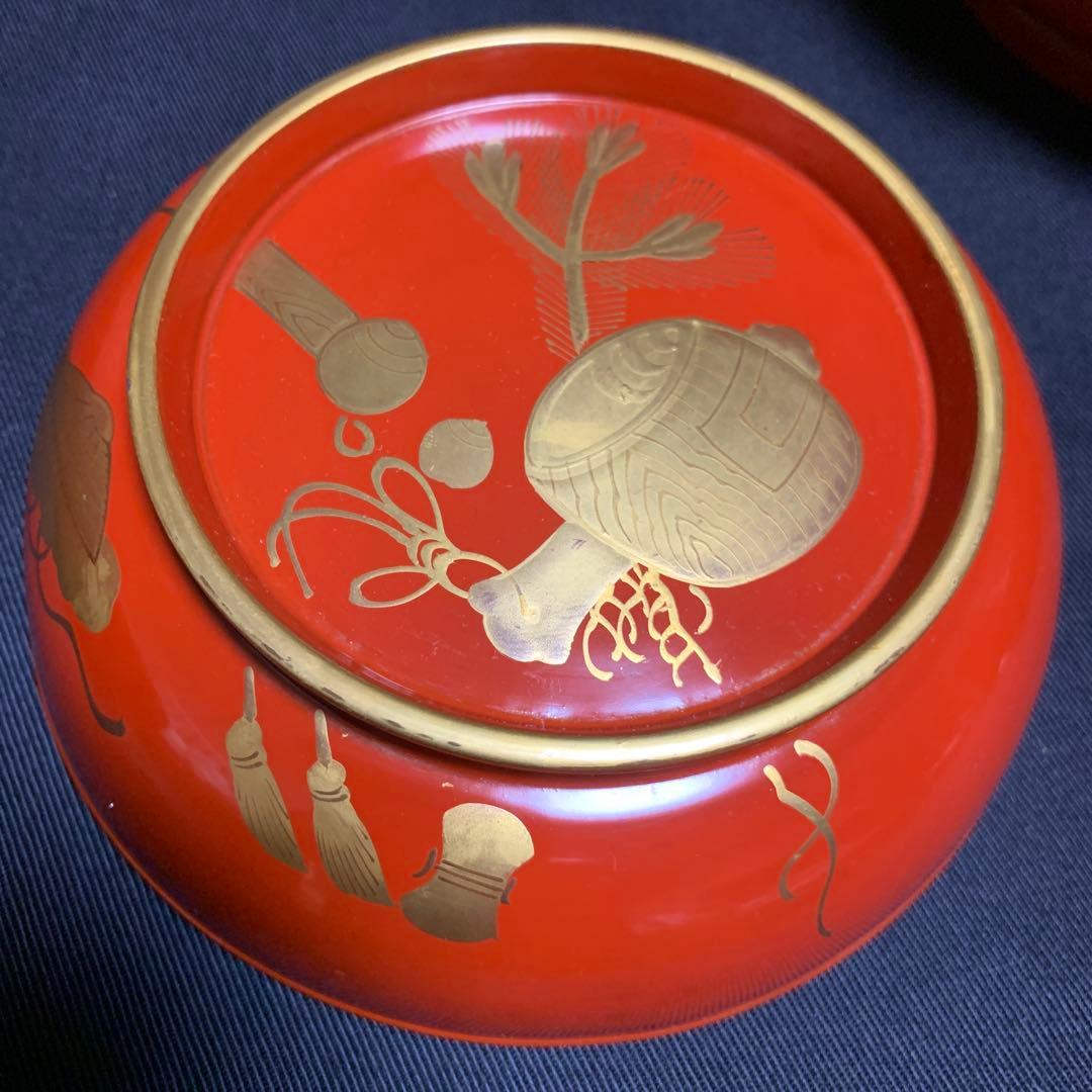 蓋向　木製手描き金彩絵　布袋様・打ち出の小槌　盛金蒔絵　向付け　煮物椀　5客