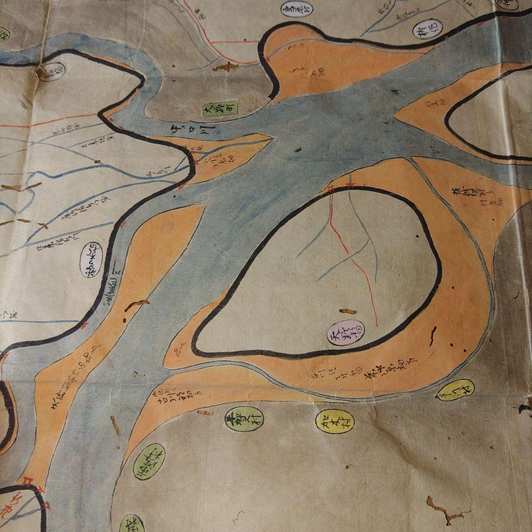 江戸時代　越後味方村白根付近　彩色古地図　和紙裏打　長さ196cm