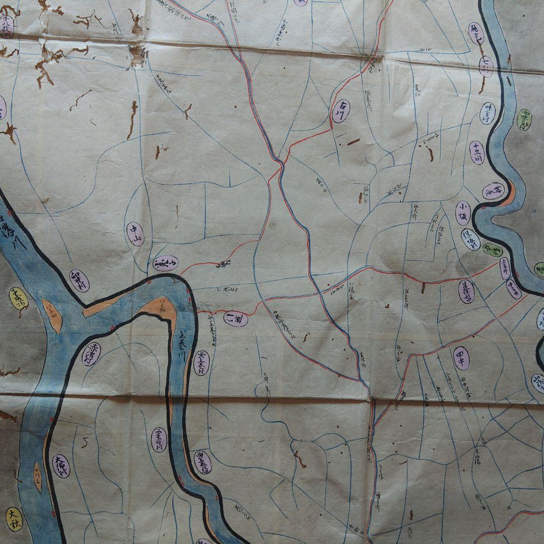 江戸時代　越後味方村白根付近　彩色古地図　和紙裏打　長さ196cm