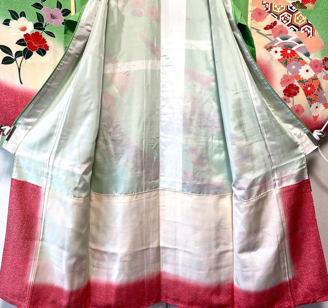 □七五三7歳　正絹女児用振り袖着物　正絹襦袢付　おしどり　緑系