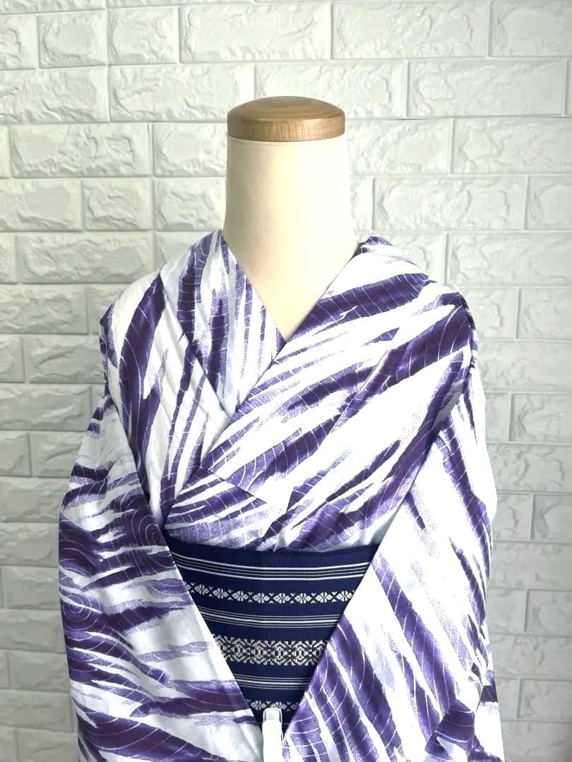 【新品未使用】浴衣 単衣着物 普段着物 モダン柄 紫白 トールサイズ 裄長