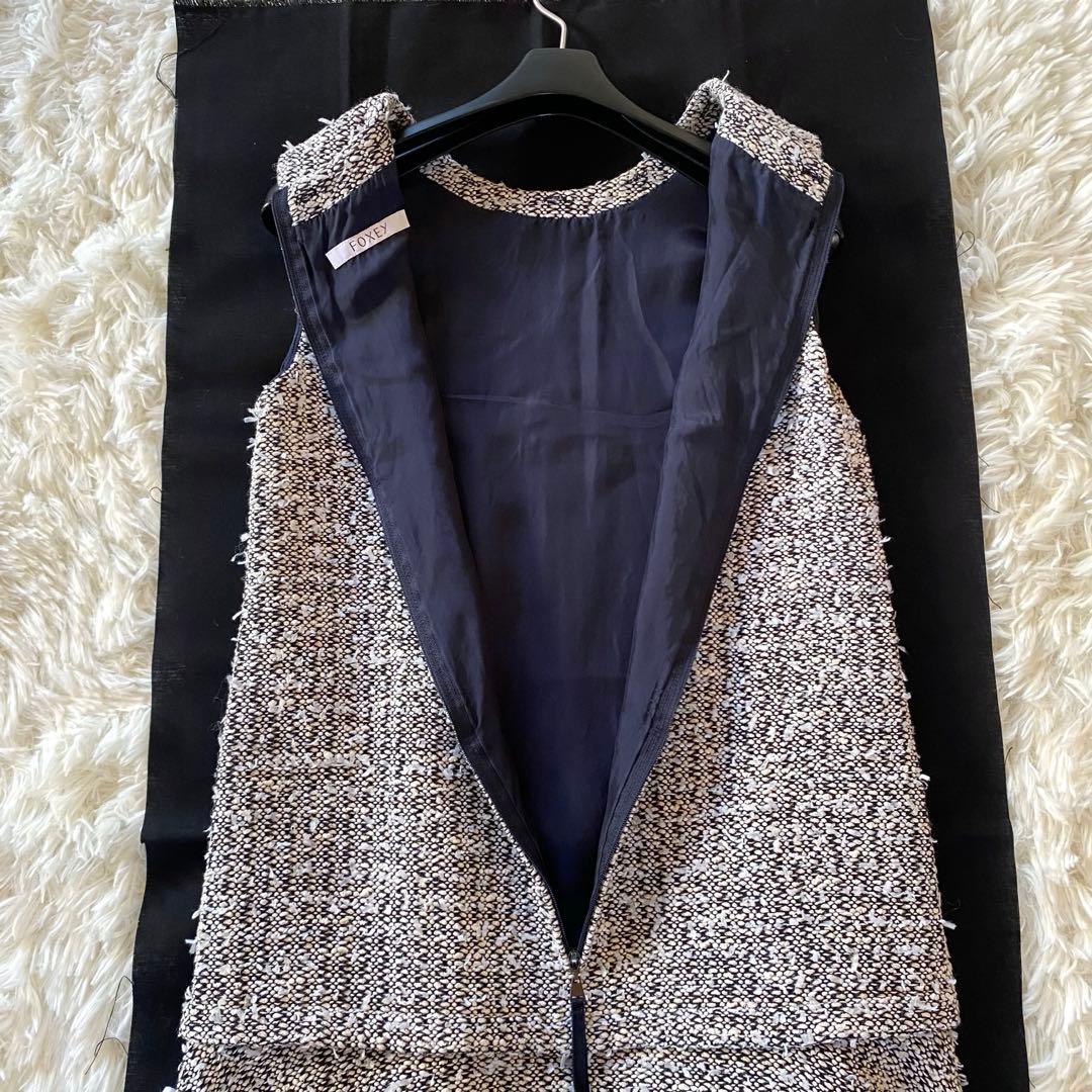 近年・2way✨フォクシー　ツイードワンピース　白襟　ノースリーブ　ティアード