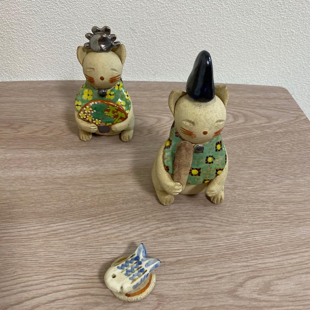 一点物　希少　益子焼　加藤麻里作　陶器雛人形 猫の嫁入り