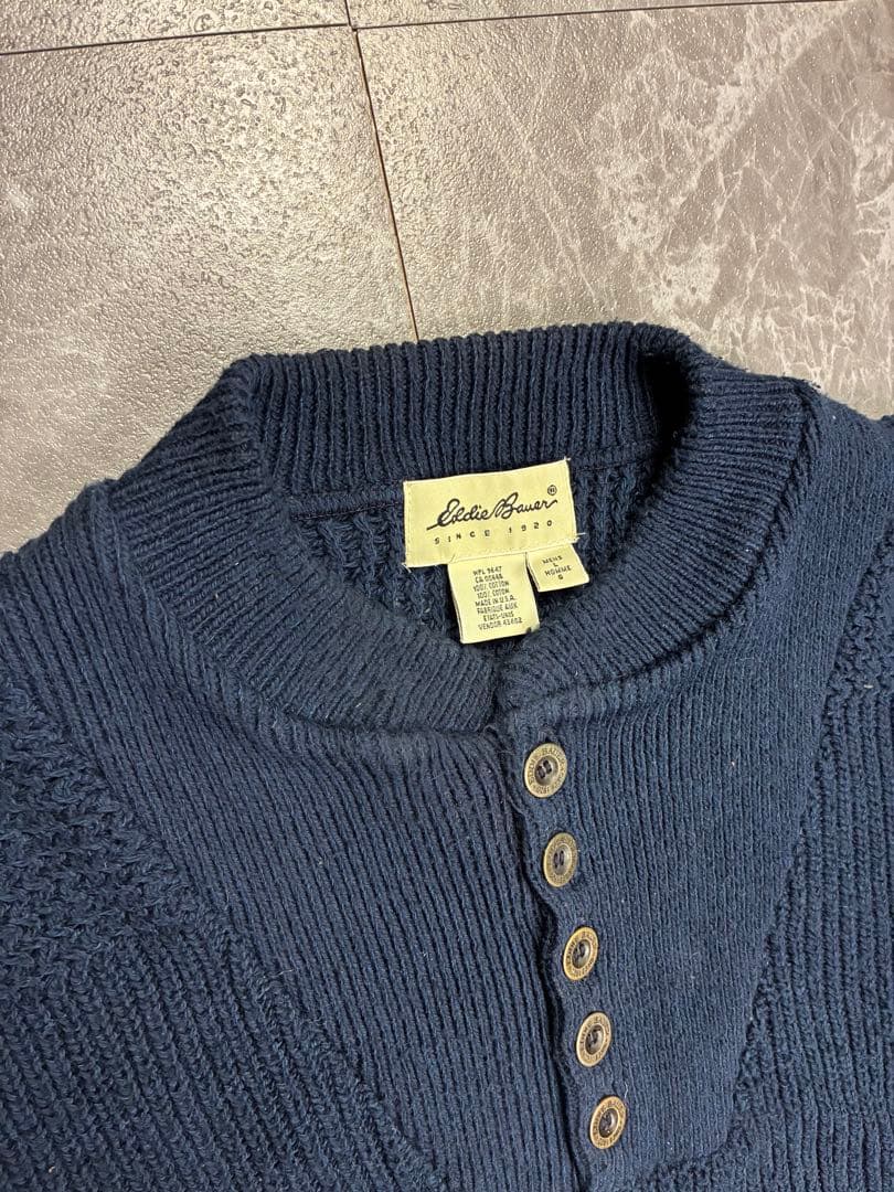 USA製 Eddie Bauer ネイビー ヘンリーネック ニット コットン