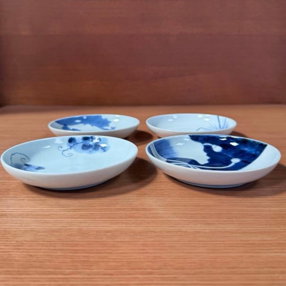 有田焼 李荘窯 染付 4.5寸皿 絵柄違い4枚セット☆