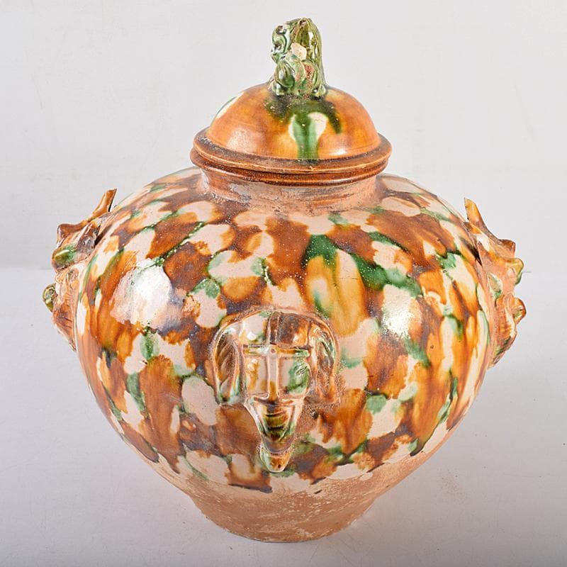 中国　唐三彩　獅子摘　双耳壷　C　R8549B