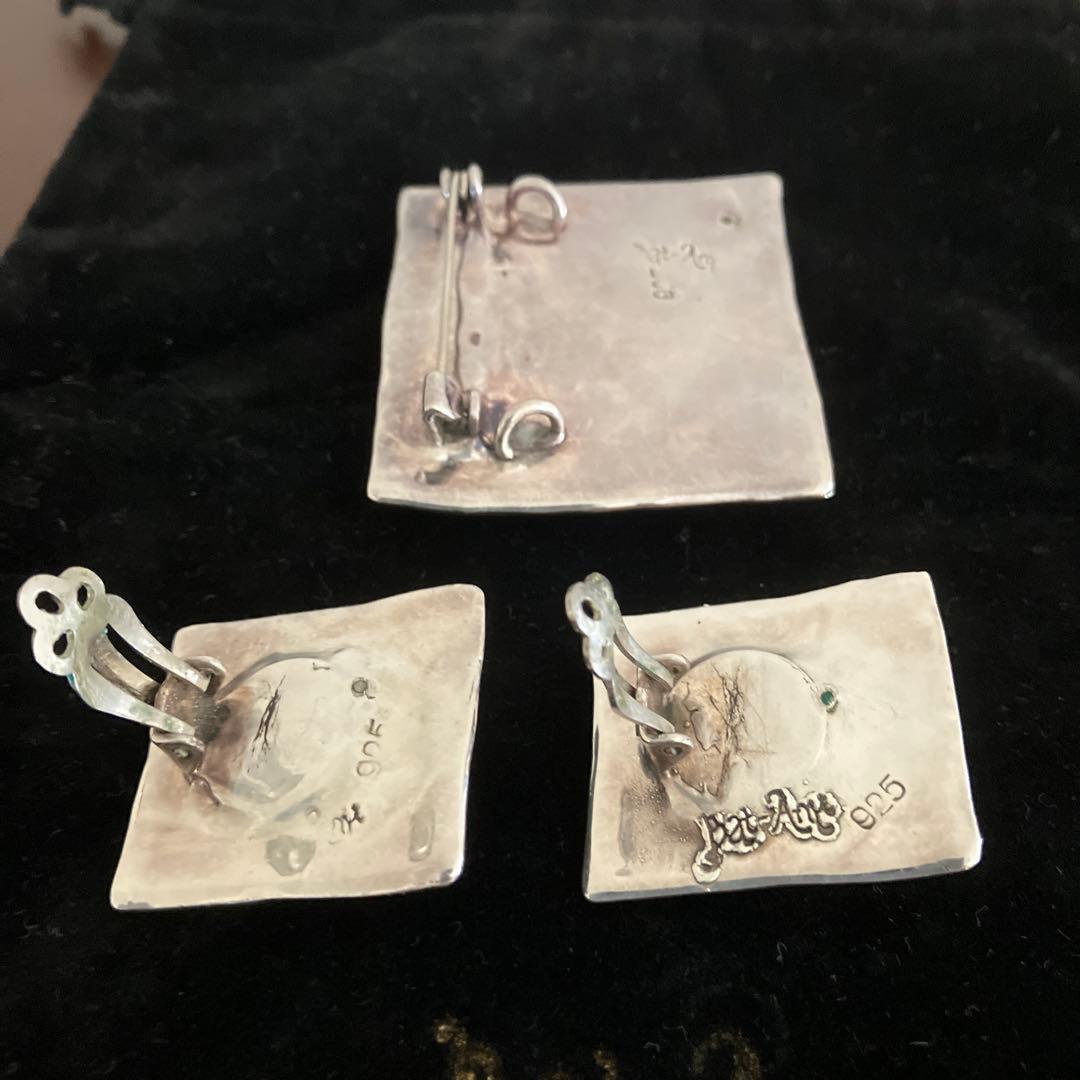 イスラエルBat-Amiシルバー24Kプレートストーンブローチとイヤリング