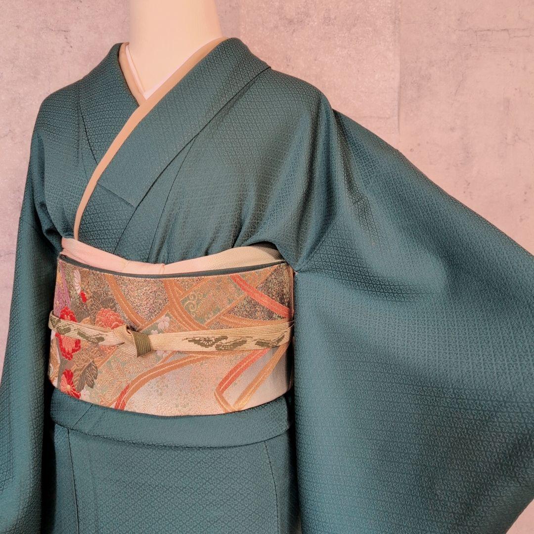 色無地＋長襦袢　着物　フルセット　正絹　比翼仕立て　青緑　O1