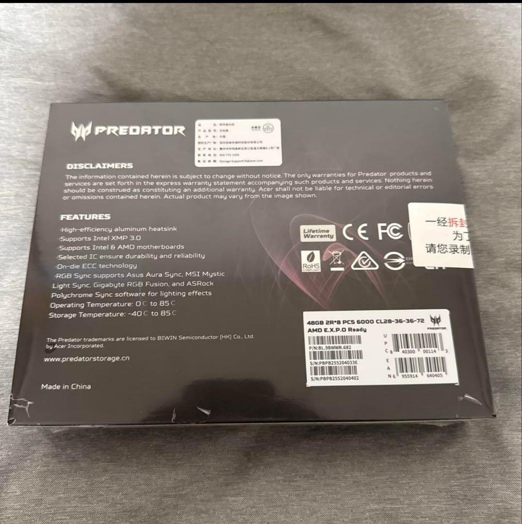 メモリー Acer PREDATOR HERA DDR5 c28 6000 48g*2