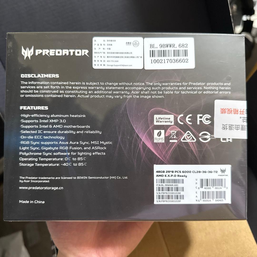 メモリー Acer PREDATOR HERA DDR5 c28 6000 48g*2