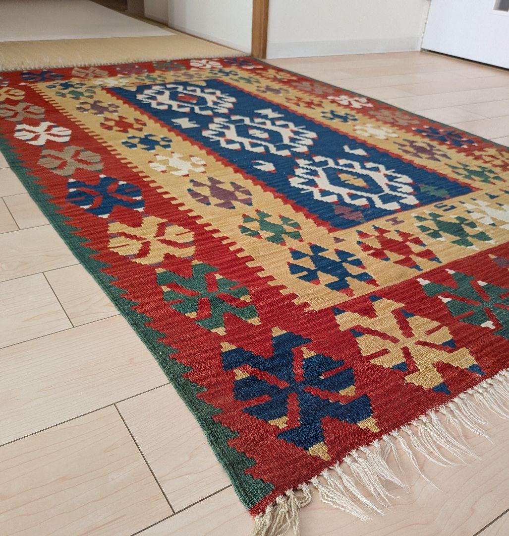 キリム手織り　幾何学模様ラグ 約177x113cm