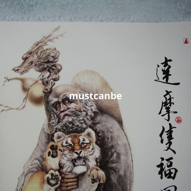 中国美術品 山水宣紙巻物画 掛画 仏像達磨双虎福図 達磨伏虎現代工芸品美術品置物