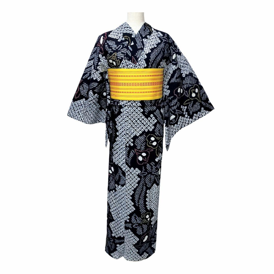 【有松鳴海絞り】浴衣　草花模様　手蜘蛛絞り　藍染　紺 高級　美品 花縞