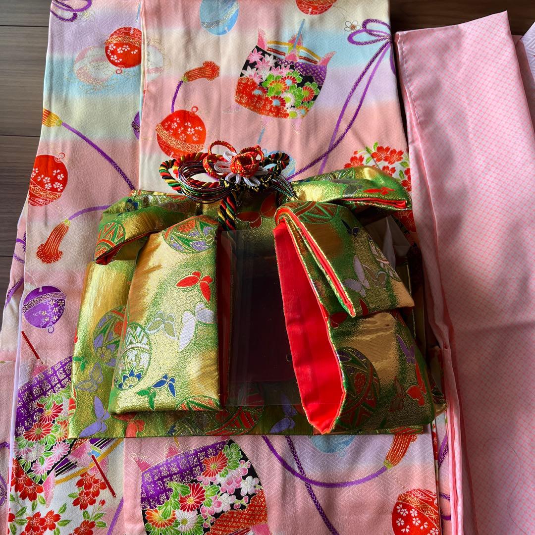 七五三 7歳女児用 正絹着物 帯 長襦袢 草履 バッグ等小物一式 ピンク系
