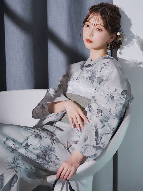 花柄グレー浴衣・帯セット