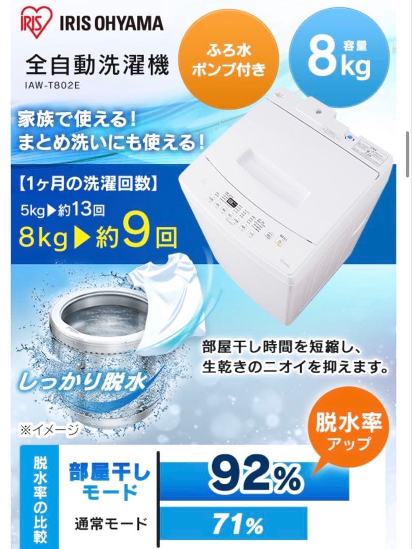 極上美品 IRIS OHYAMA 全自動洗濯機 大容量8.0kg ステンレス槽