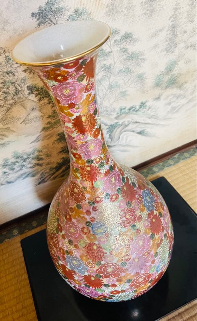 薩摩焼　飾り壺　花瓶　島津家紋入 丸十字　色絵　金彩　高さ46.5㎝ 大型　大壺