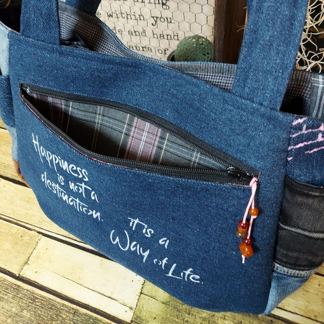 刺繍デニムバック　No.659　デニムリメイク　刺繍バック　サイドポケット