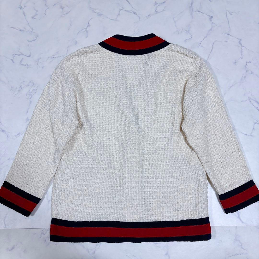 美品 グッチ 40 ツイード カーディガン ウェブ パール ビジュー ジャケット
