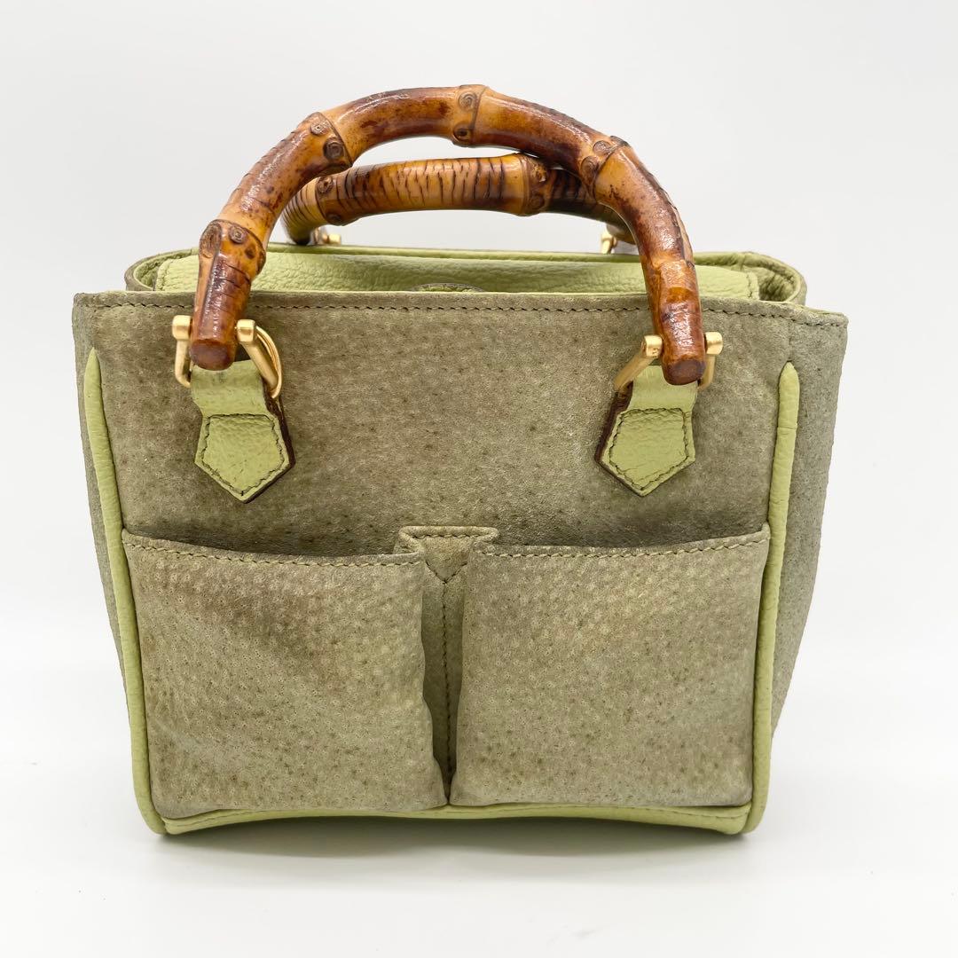 状態良　GUCCI 2way ミニ　ショルダーバッグ　バンブー　スエード　緑