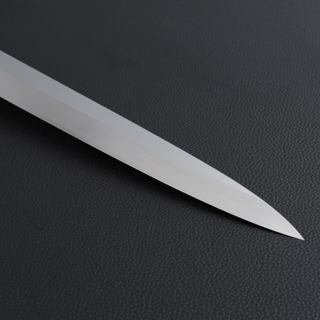 8611 世界一薄い 鏡面仕上げ 極薄柳刃包丁 尺 黒檀黒水牛角白三本巻八角柄