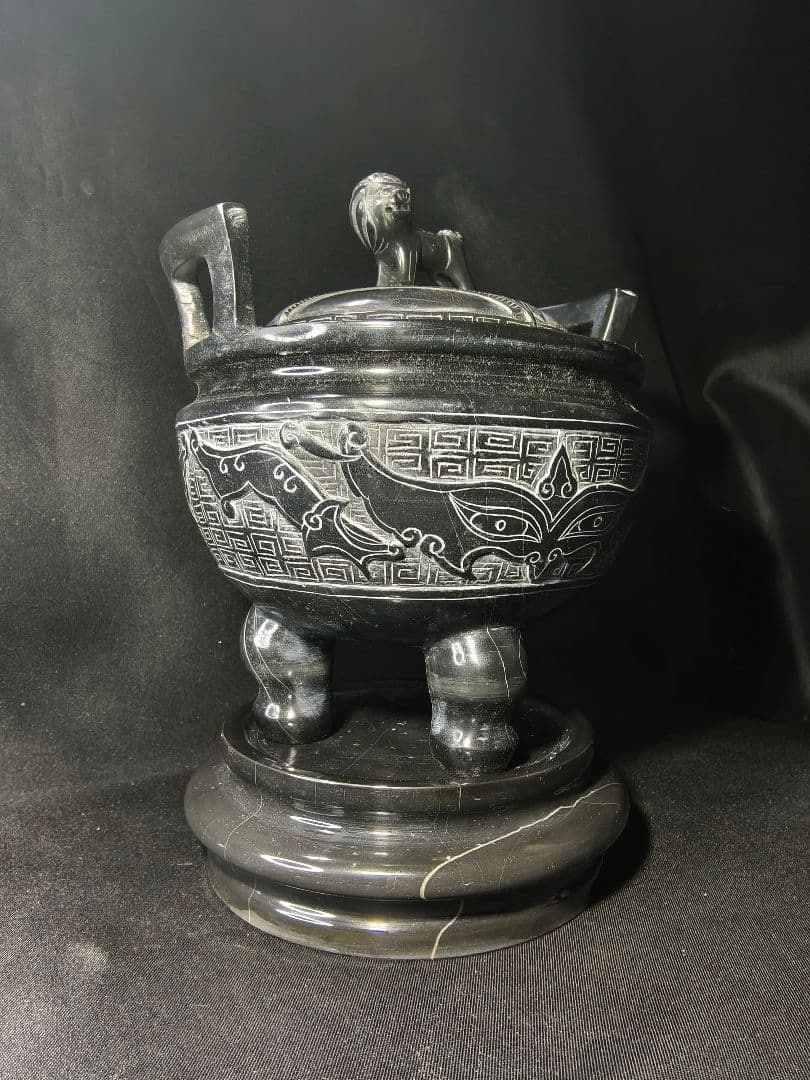 霊壁石香炉 中国名石 獅子摘み 共箱 手彫り置物 茶道具 旧家蔵出 未使用美品