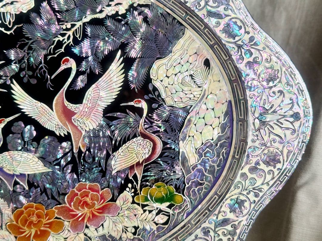 韓国製 螺鈿細工 飾り皿 桹材 金榮萬作 置物 シェル 工芸品 貝細工 トレー