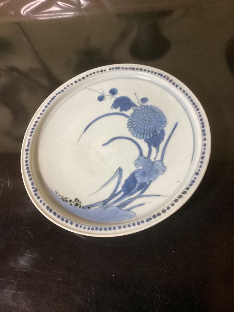 骨董古美術　初期伊万里　江戸期染付花文皿　幅約20.5cm