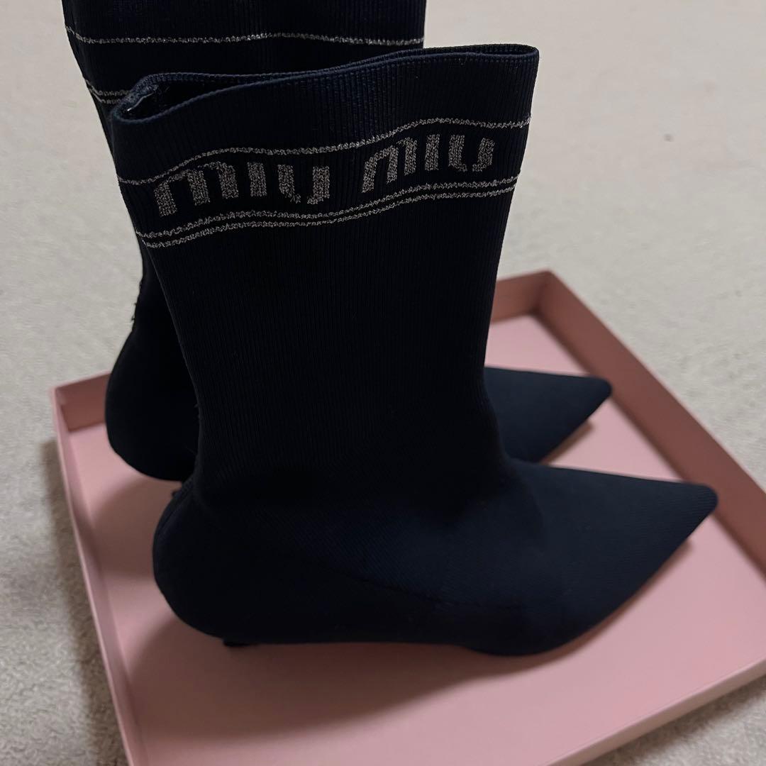 MIUMIU ロゴ ラメ シルバー ニット ソックスブーツ371/2