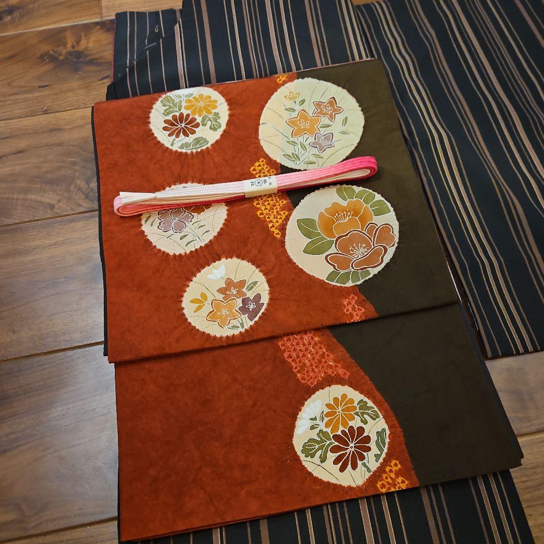 【美品】洗える小紋フルセット　袷　縞　幅広サイズ　正絹洒落袋帯