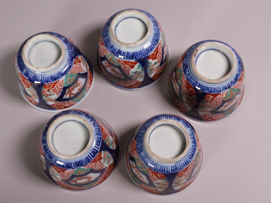 【CM125】古伊万里 扇面 色絵向付 五客 猪口 小鉢 扇面 草花 唐草 錦