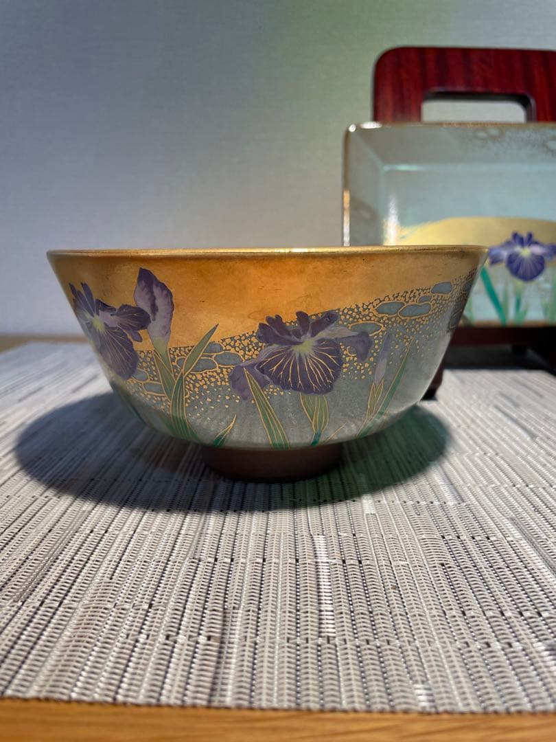 130桑野むつ子 京都 御所の花十二ヶ月 【6月花菖蒲】抹茶椀・和陶皿　しおり付