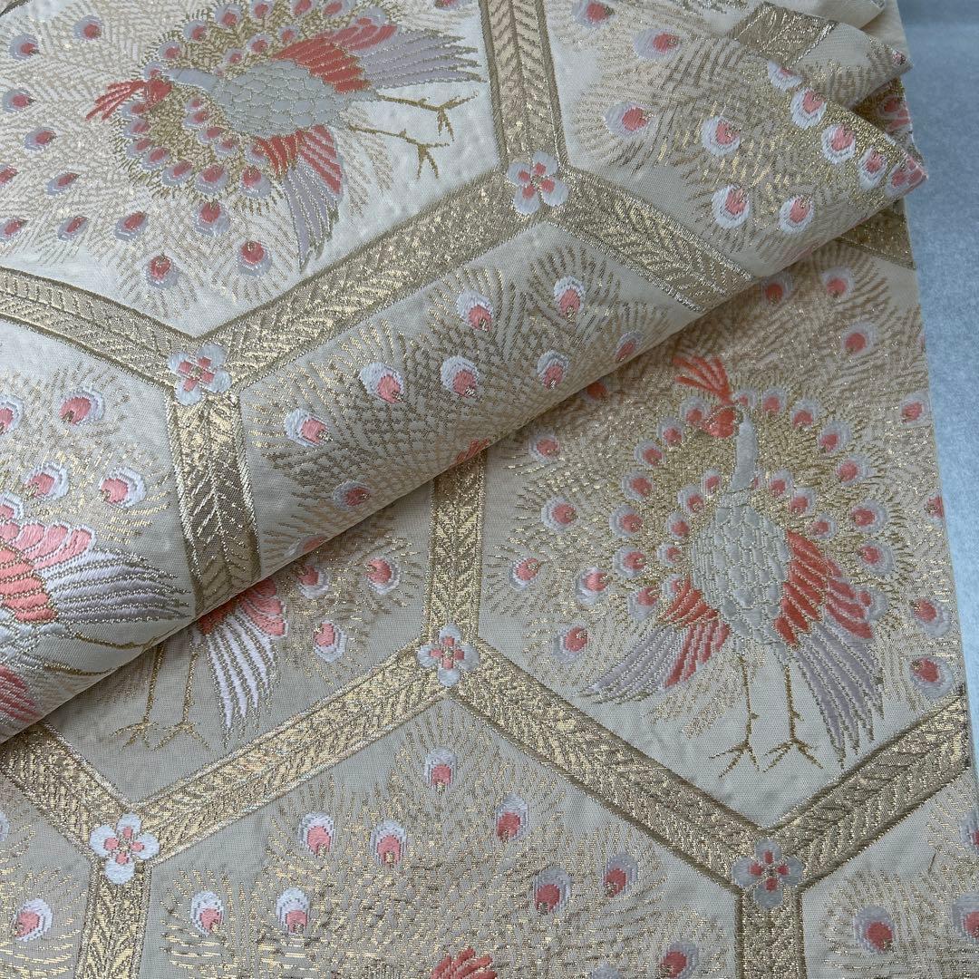 【純金箔錦 亀甲孔雀文】孔雀刺繍 六通柄袋帯 シルク製0105