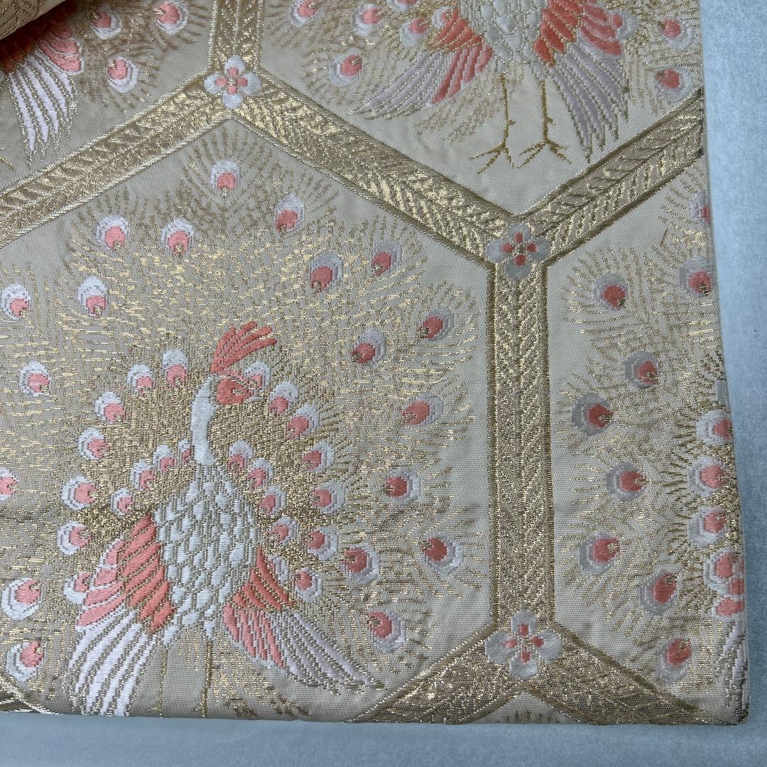 【純金箔錦 亀甲孔雀文】孔雀刺繍 六通柄袋帯 シルク製0105
