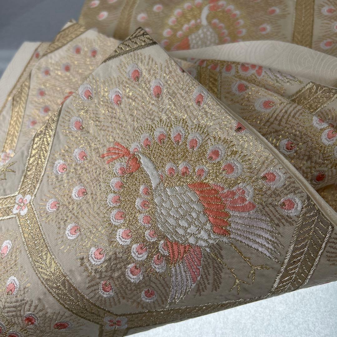 【純金箔錦 亀甲孔雀文】孔雀刺繍 六通柄袋帯 シルク製0105