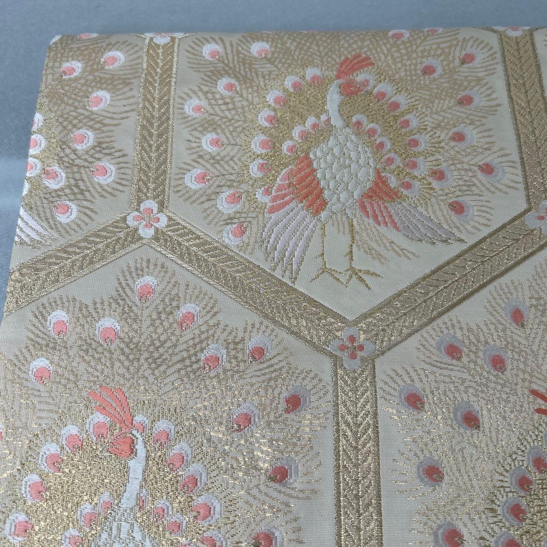 【純金箔錦 亀甲孔雀文】孔雀刺繍 六通柄袋帯 シルク製0105