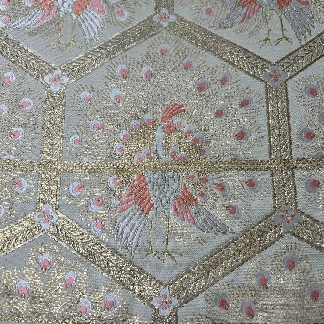 【純金箔錦 亀甲孔雀文】孔雀刺繍 六通柄袋帯 シルク製0105