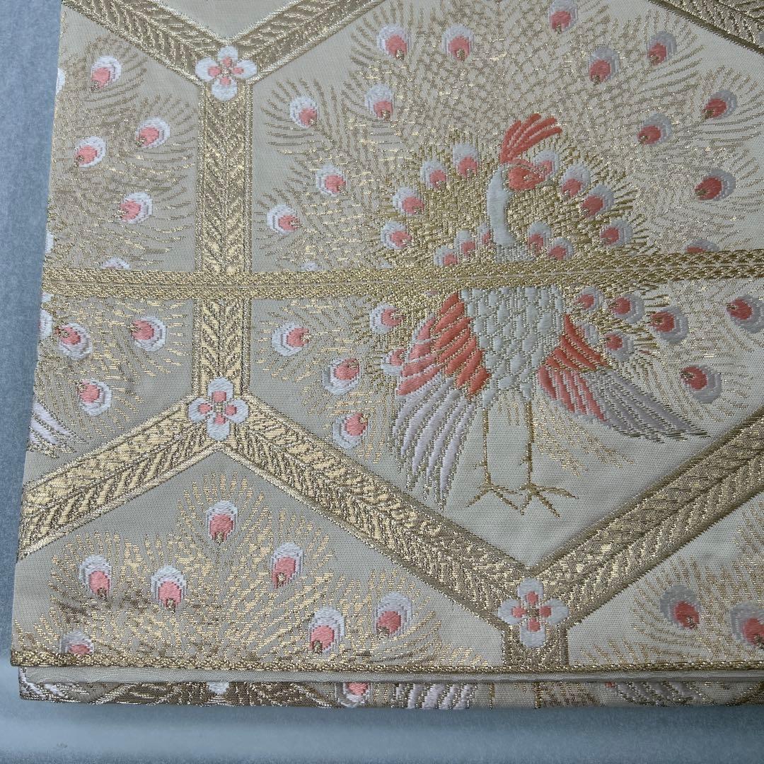 【純金箔錦 亀甲孔雀文】孔雀刺繍 六通柄袋帯 シルク製0105