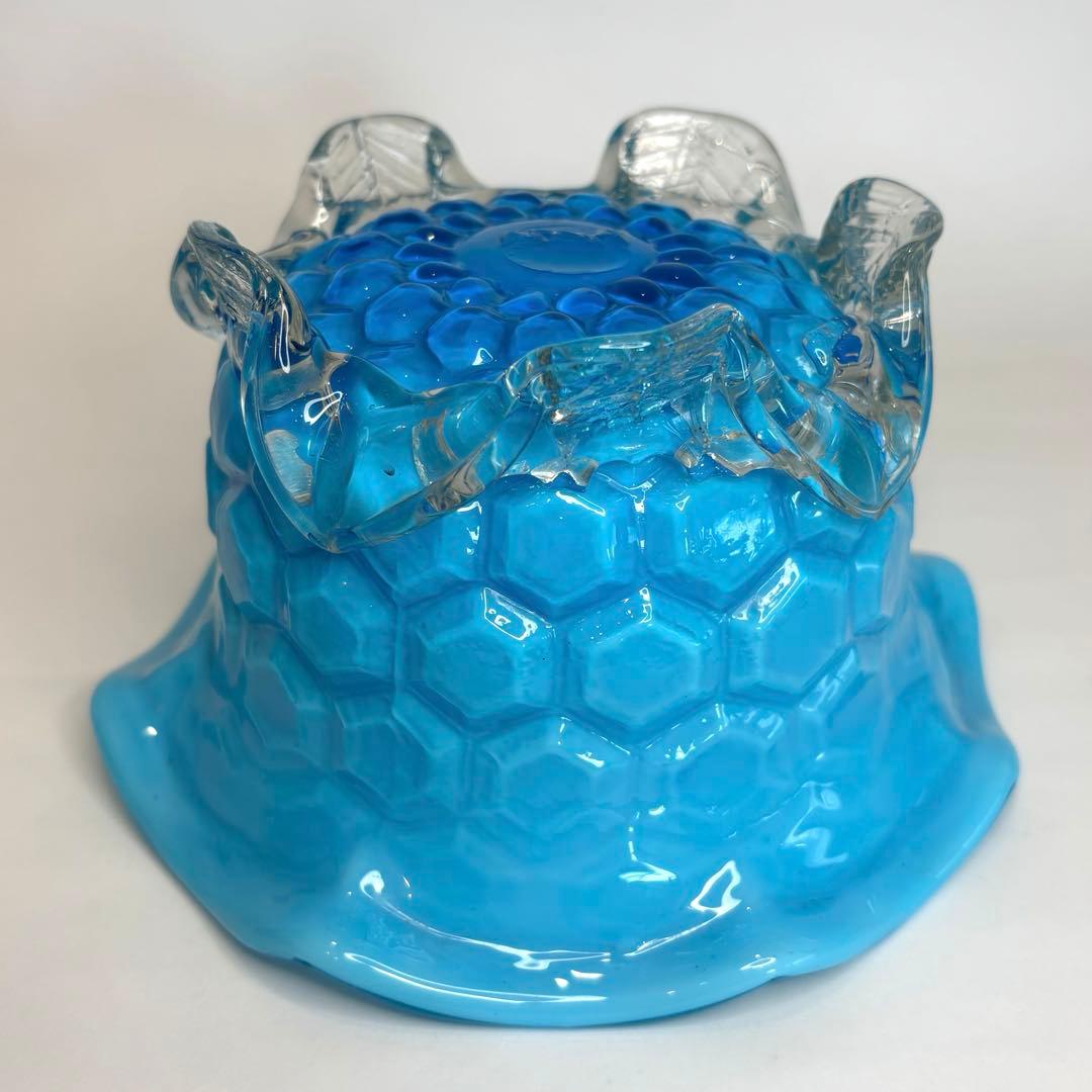 昔ガラス　アンティーク　花縁　フリル　亀甲紋様　ガラス　コンポート　ブルー