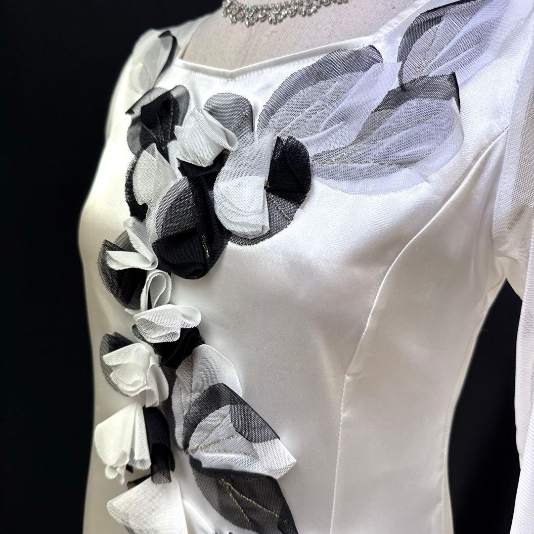 6235★L オフ白 サテン 花モチーフ スタンダードドレス 社交ダンス