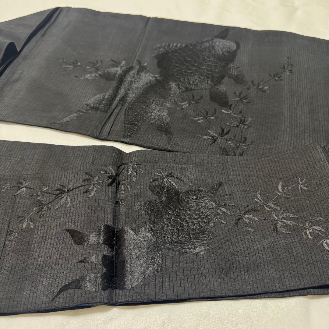 ゆ*う様 夏用 絽 名古屋帯 黒 黒糸　金魚　刺繍 裏太鼓　粋　要手直し　アンテ