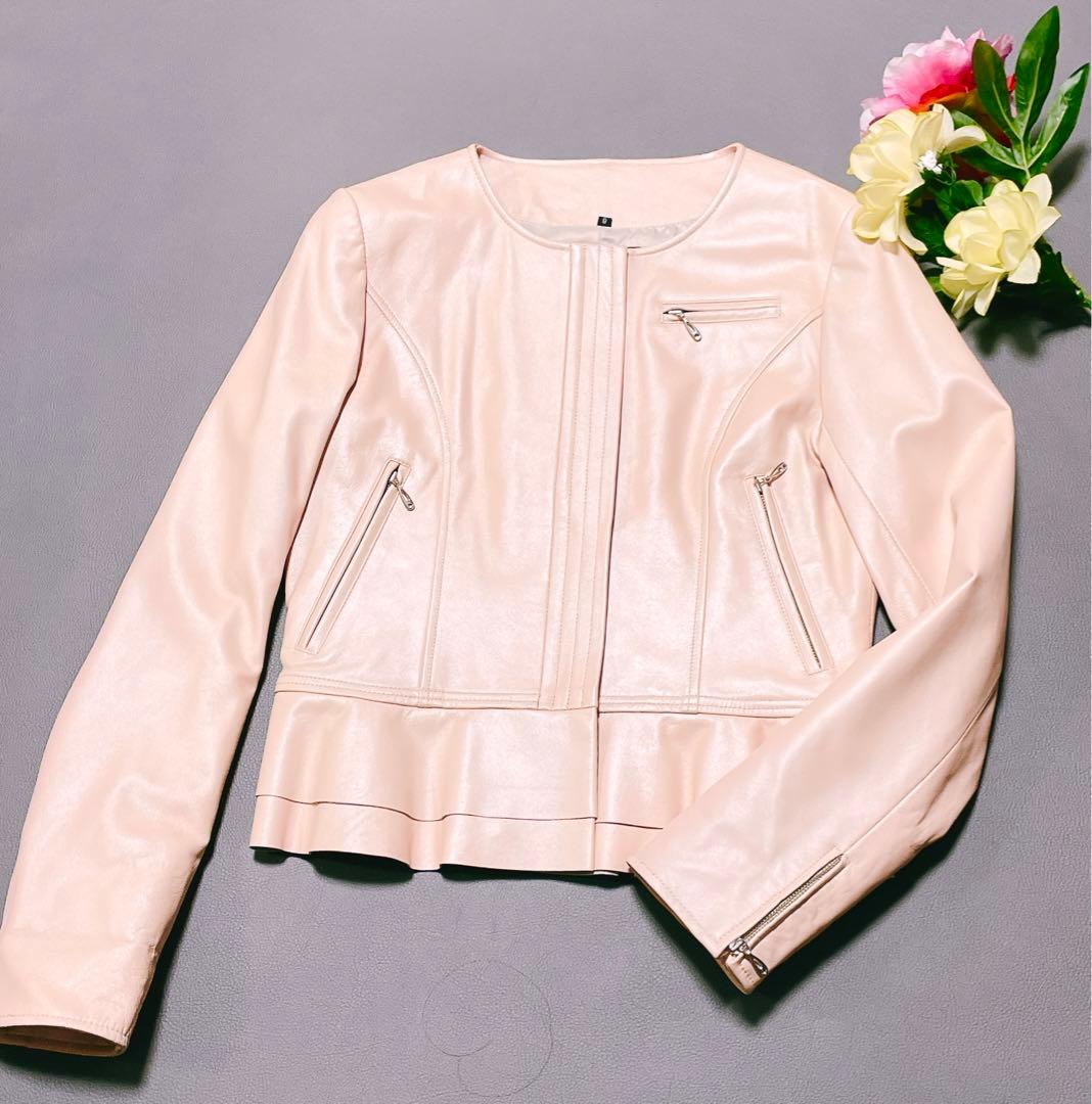 ★美品★バルマン　レザージャケット　ノーカラー　ペプラム　羊革 　9号(578)